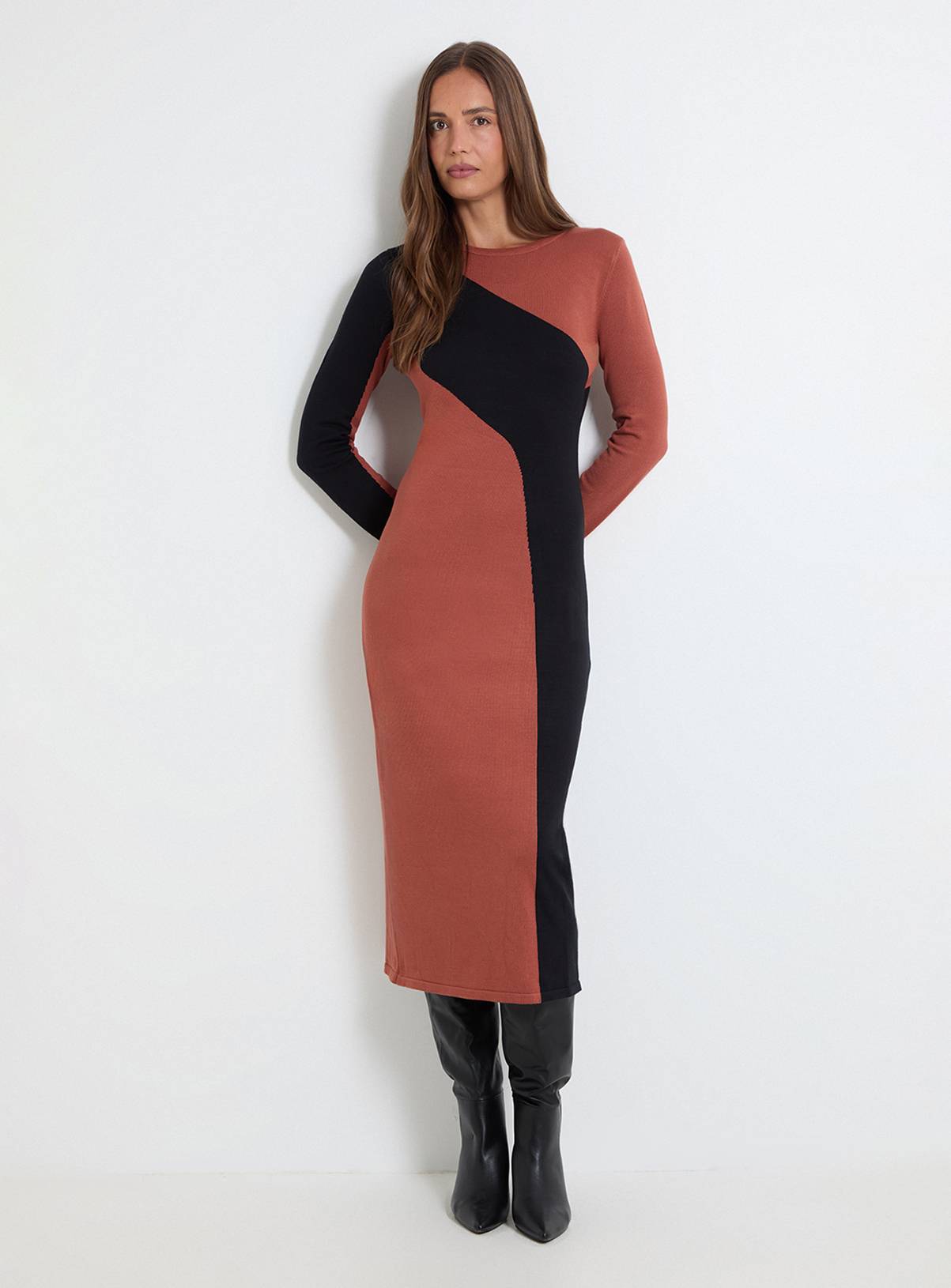 WALLIS Colour Block Crew Neck Knitted Midi Dress M - Image 1