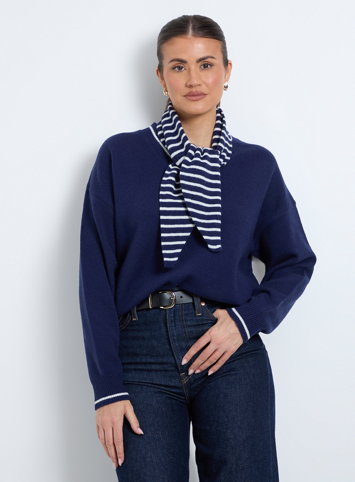 WALLIS Scarf Detail V Neck Jumper M - Image 1 thumbnail