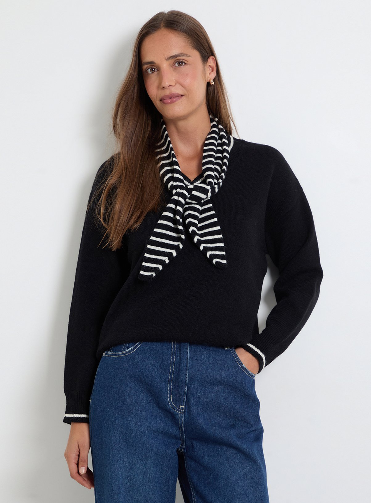 WALLIS Scarf Detail V Neck Jumper L - Image 1 thumbnail
