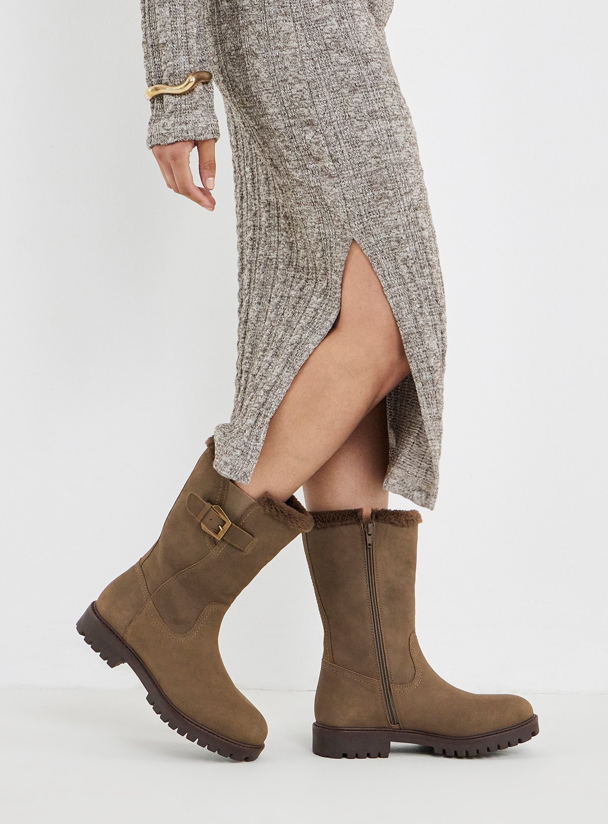 JD WILLIAMS Fur Trim Flat Calf Boot Wide Fit 4 - Image 1 thumbnail