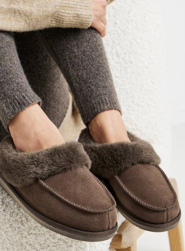 JD WILLIAMS Full Suede Fur Trim Slipper Wide Fit Brown S