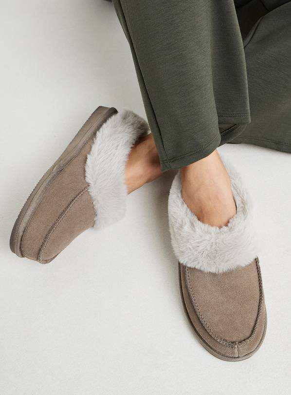 JD WILLIAMS Full Suede Fur Trim Slipper Wide Fit Taupe S
