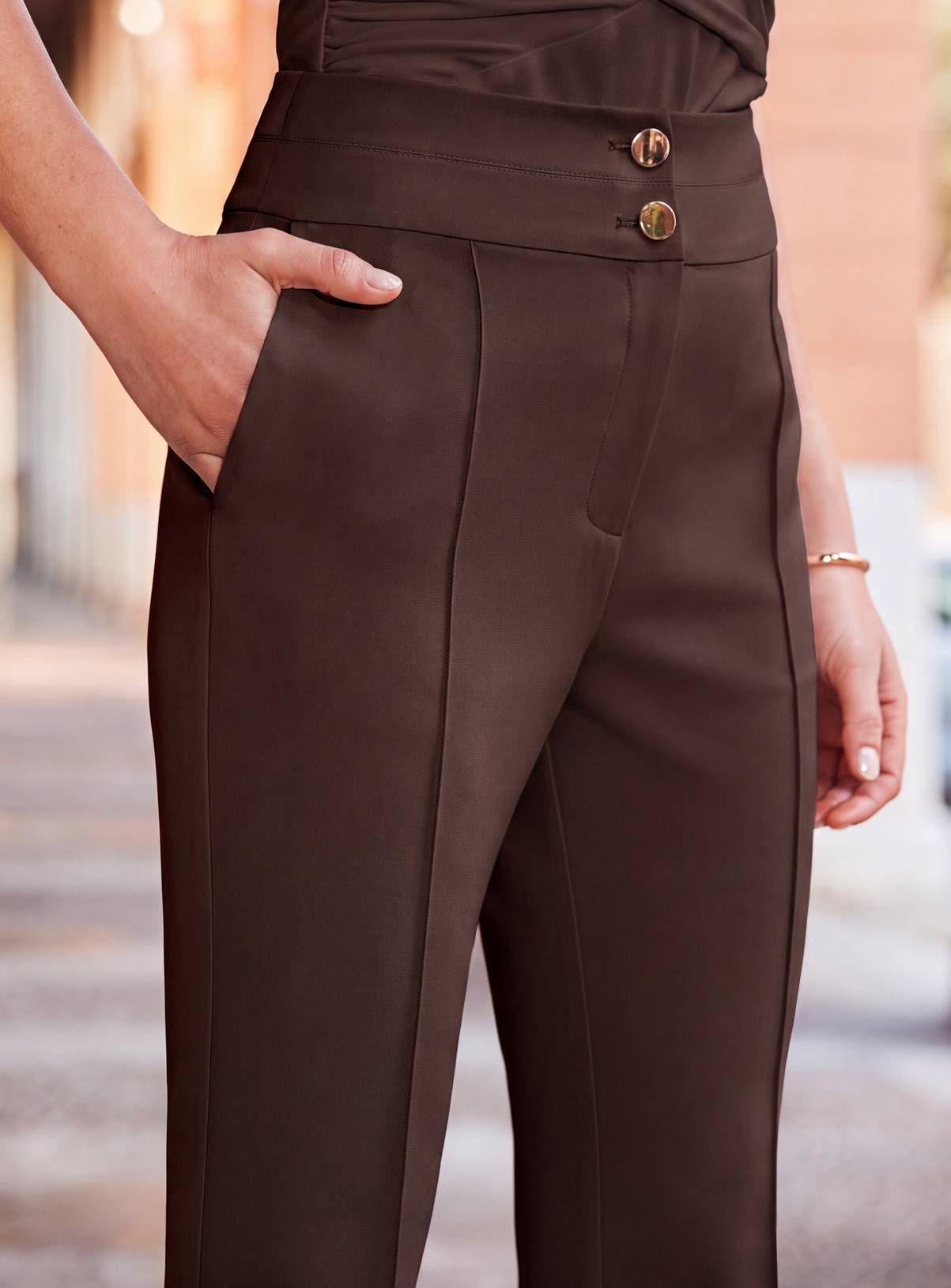 SOSANDAR Chocolate Brown Contour Waist Kick Flare Trousers 16 - Image 3