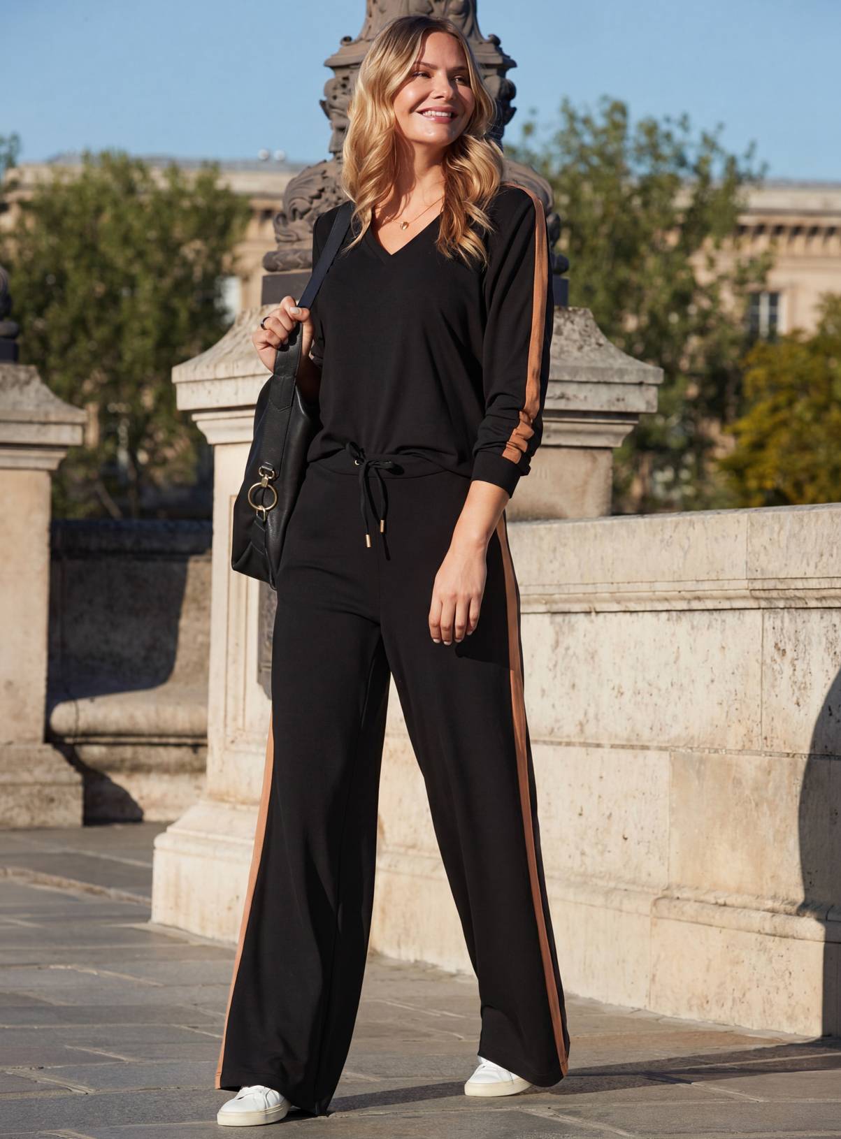SOSANDAR Black and Camel Side Stripe Casual Trousers 16R - Image 4