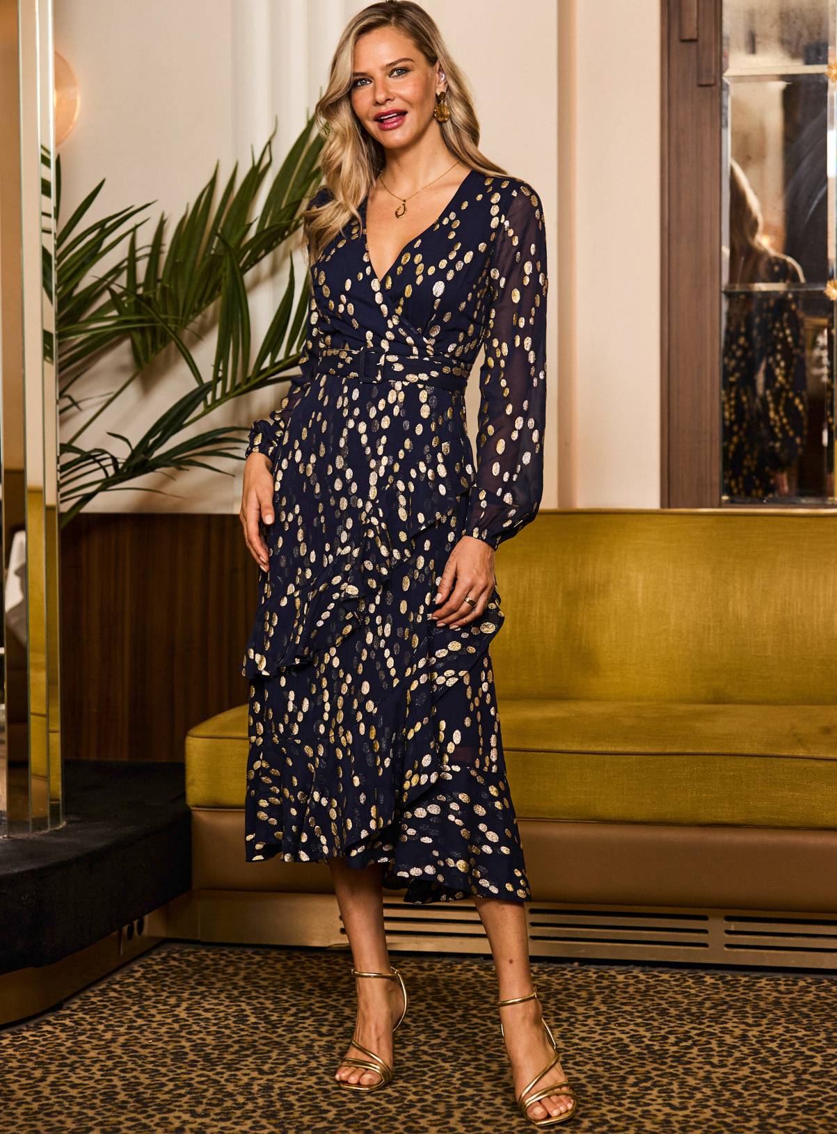 SOSANDAR Navy Blue and Silver Metallic Spot Print Ruffle Hem Belted Fit And Flare Dress 10 - Image 2