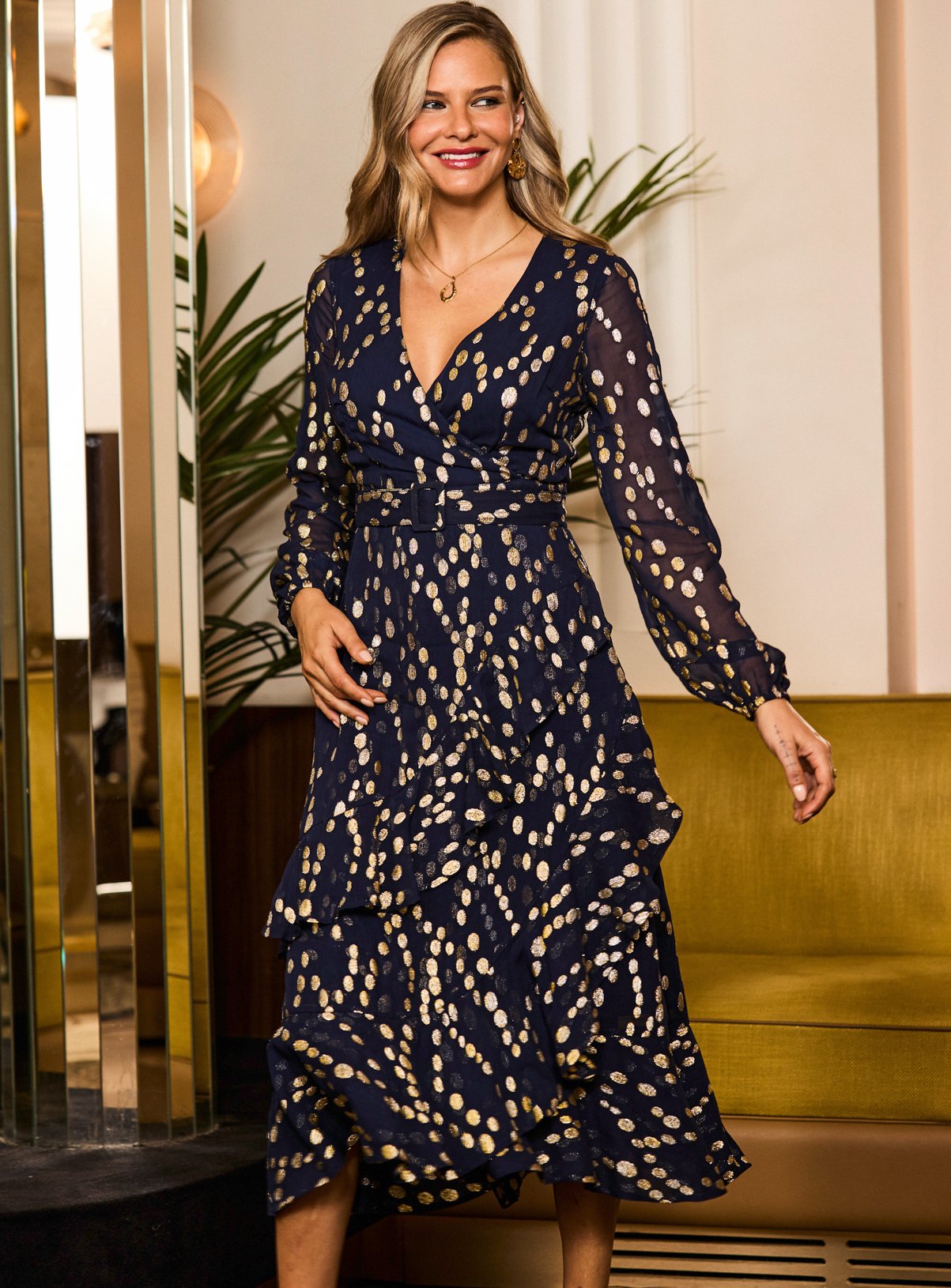SOSANDAR Navy Blue and Silver Metallic Spot Print Ruffle Hem Belted Fit And Flare Dress 10 - Image 5 thumbnail