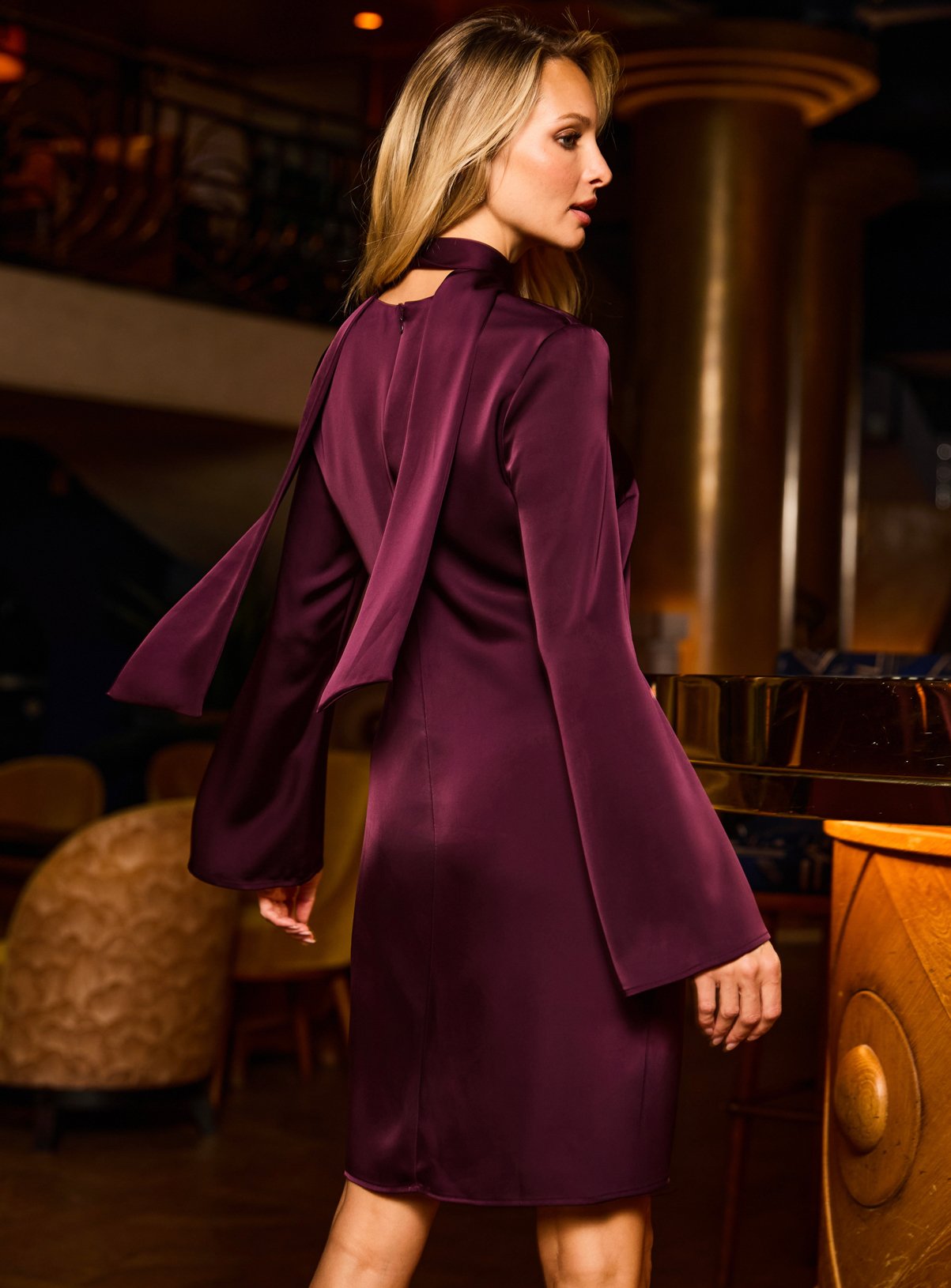 SOSANDAR Plum Satin Tie Neck A Line Shift Dress 10 - Image 4 thumbnail