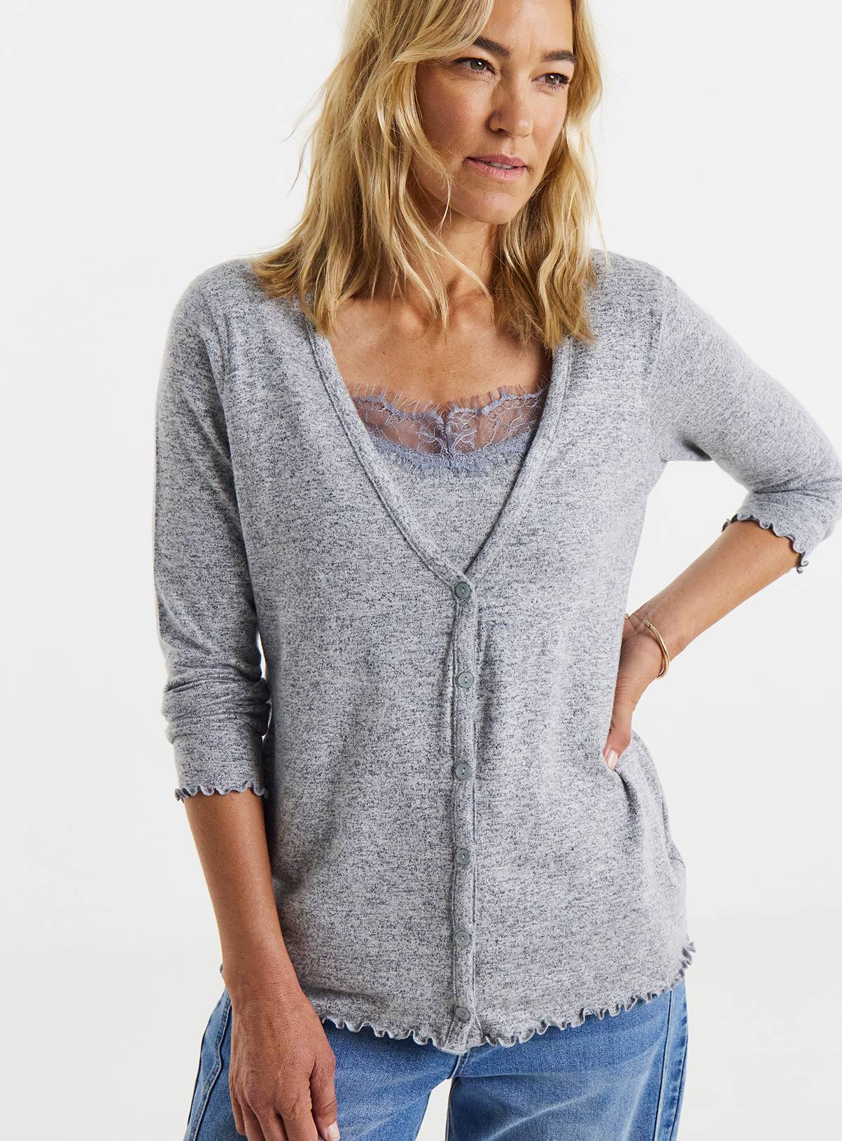JD WILLIAMS Lace Trim Button Front Top 14 - Image 1