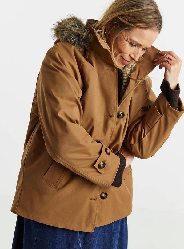 JD WILLIAMS Quilt Lined Faux Fur Collar Parka Coat Brown 12