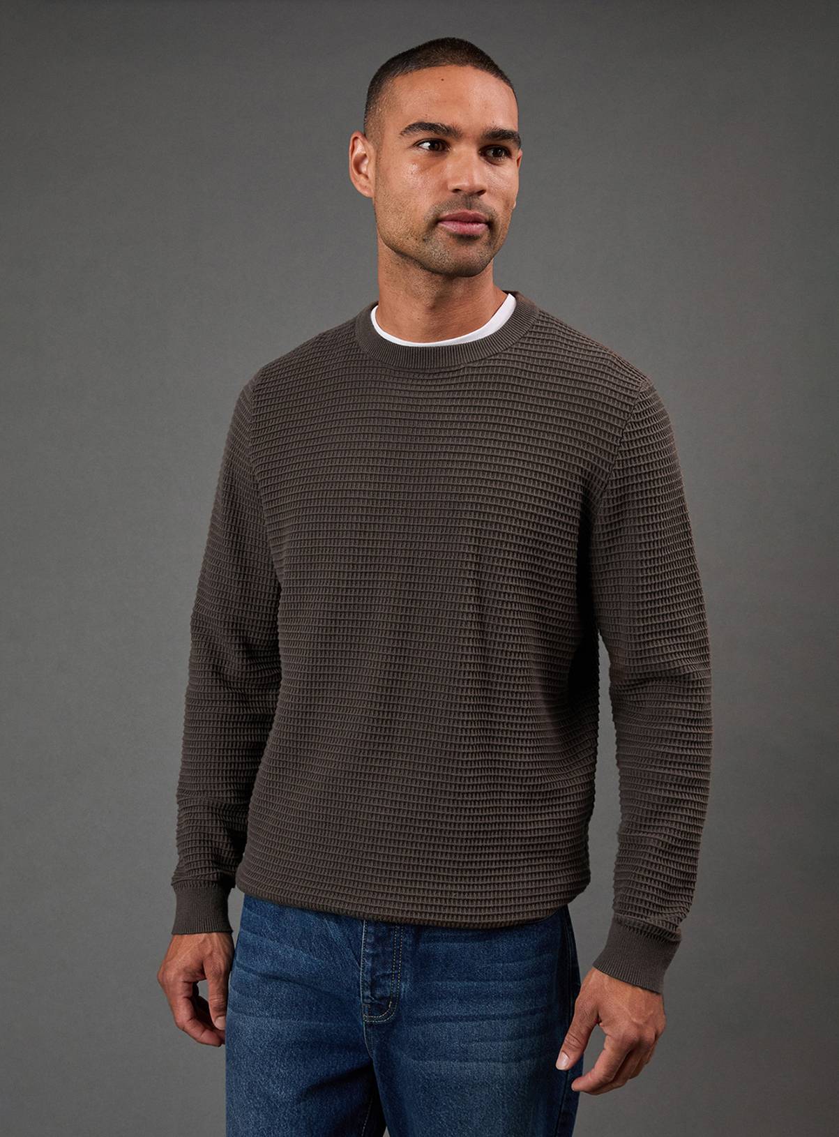 BURTON Khaki Waffle Crew Neck Knitted Jumper S - Image 1