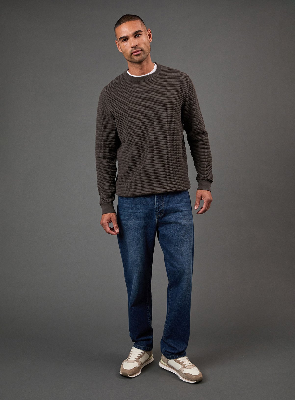 BURTON Khaki Waffle Crew Neck Knitted Jumper S - Image 2 thumbnail