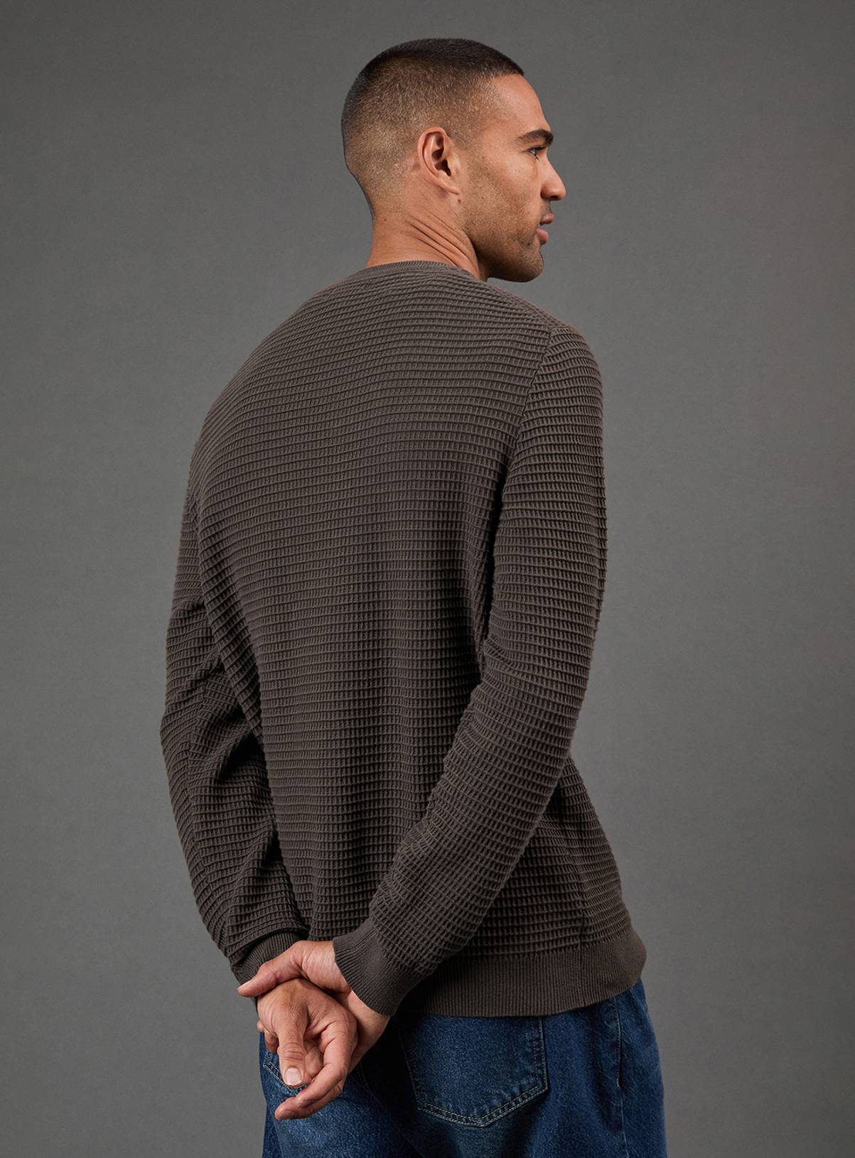 BURTON Khaki Waffle Crew Neck Knitted Jumper S - Image 4
