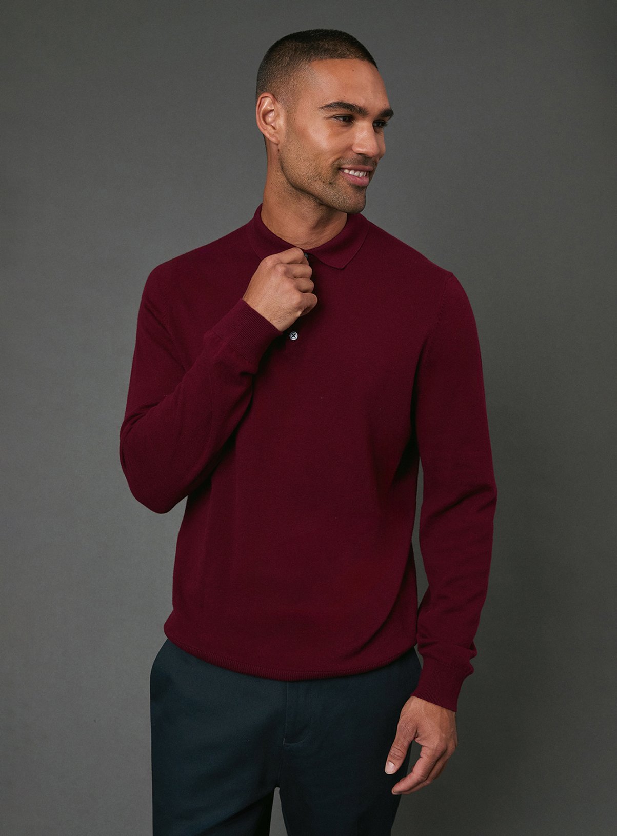 BURTON Burgundy Cotton Rich Long Sleeve Knitted Polo L - Image 1 thumbnail