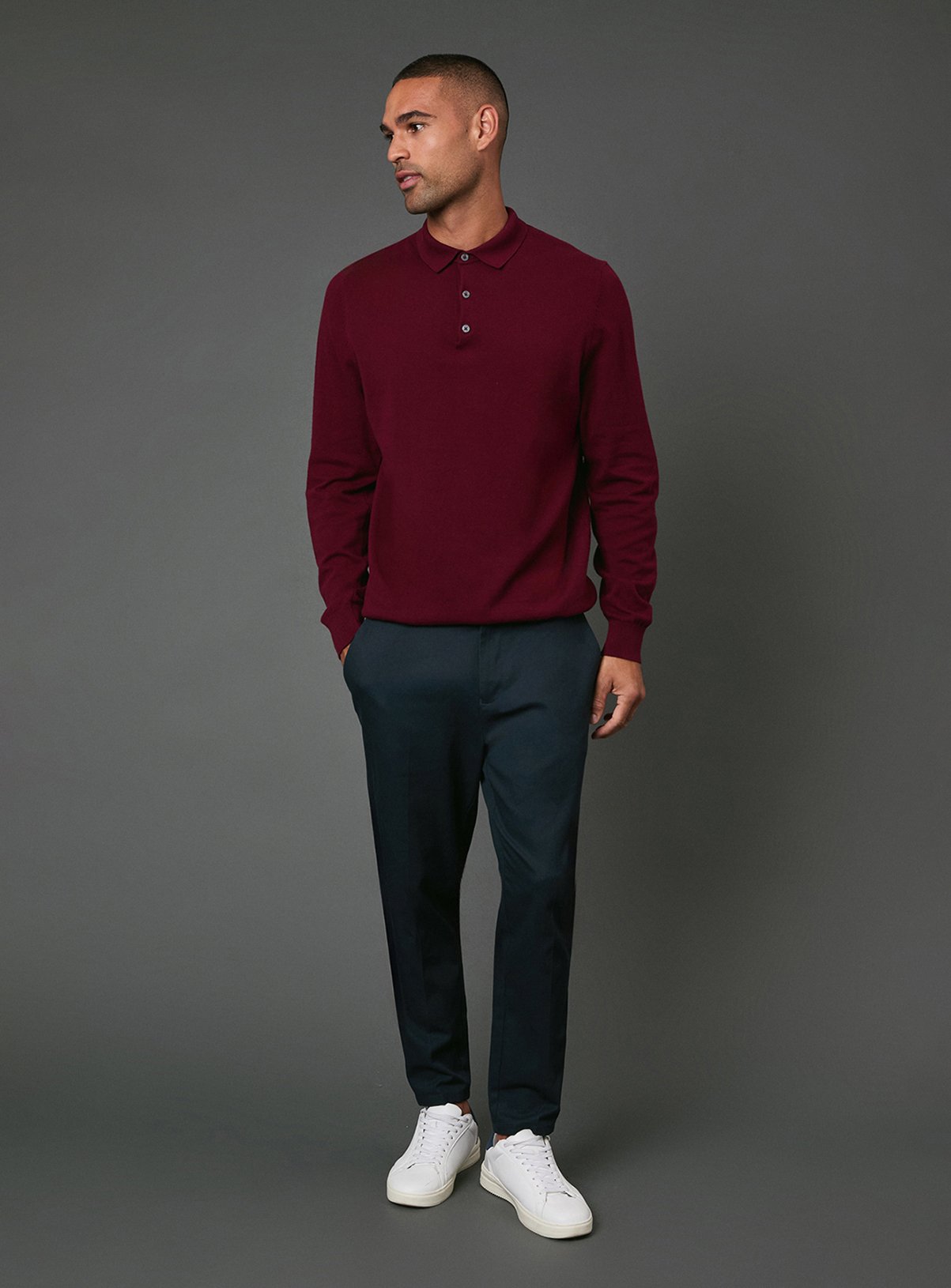 BURTON Burgundy Cotton Rich Long Sleeve Knitted Polo L - Image 2 thumbnail