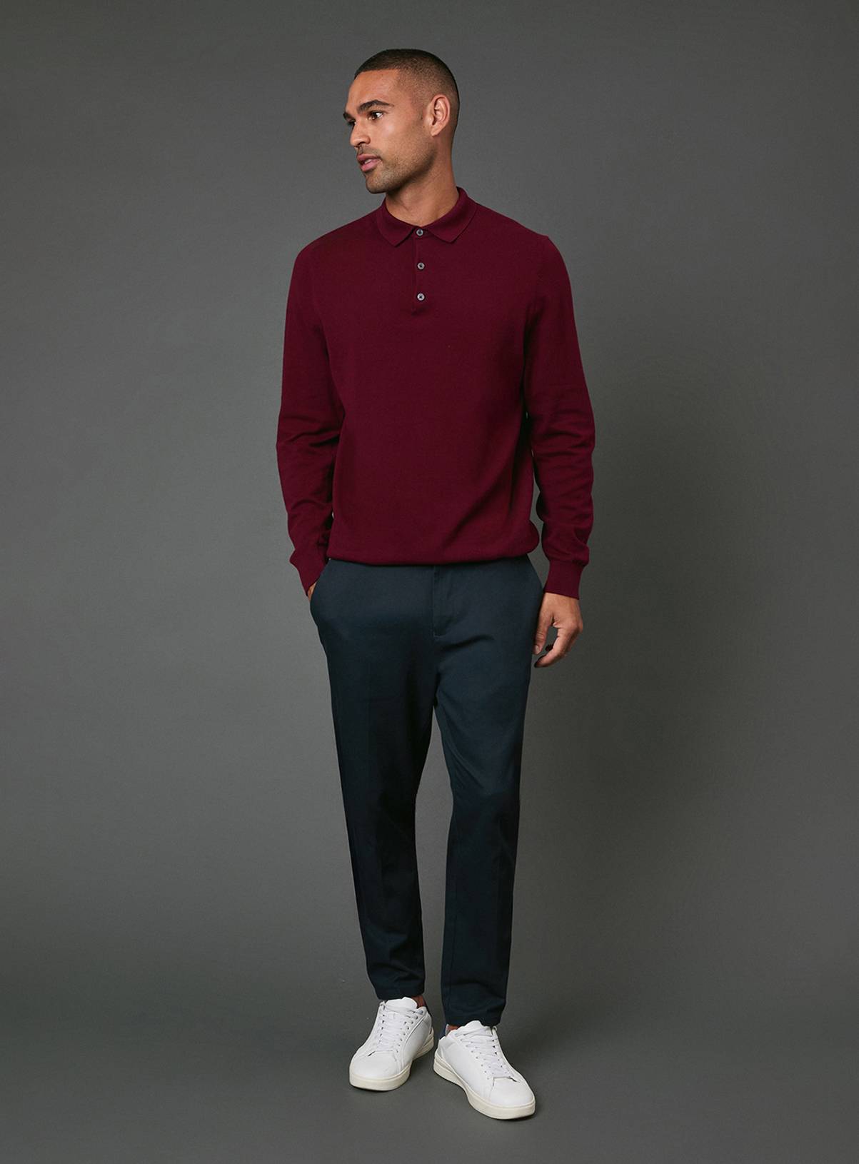 BURTON Burgundy Cotton Rich Long Sleeve Knitted Polo L - Image 2