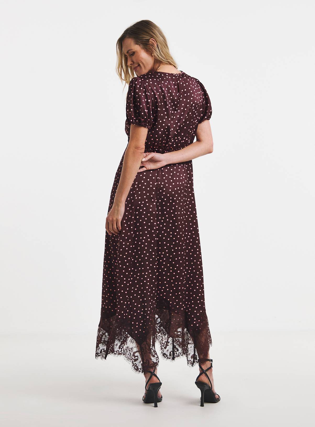 JD WILLIAMS Burgundy Spot Hanky Hem Lace Trim Dress 26 - Image 2