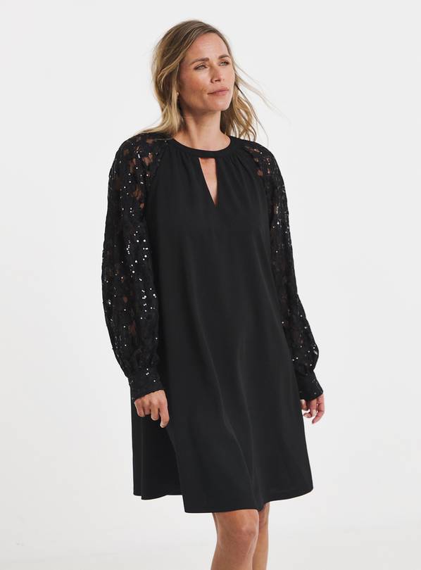 JD WILLIAMS Black Sequin Lace Sleeve Shift Dress 18