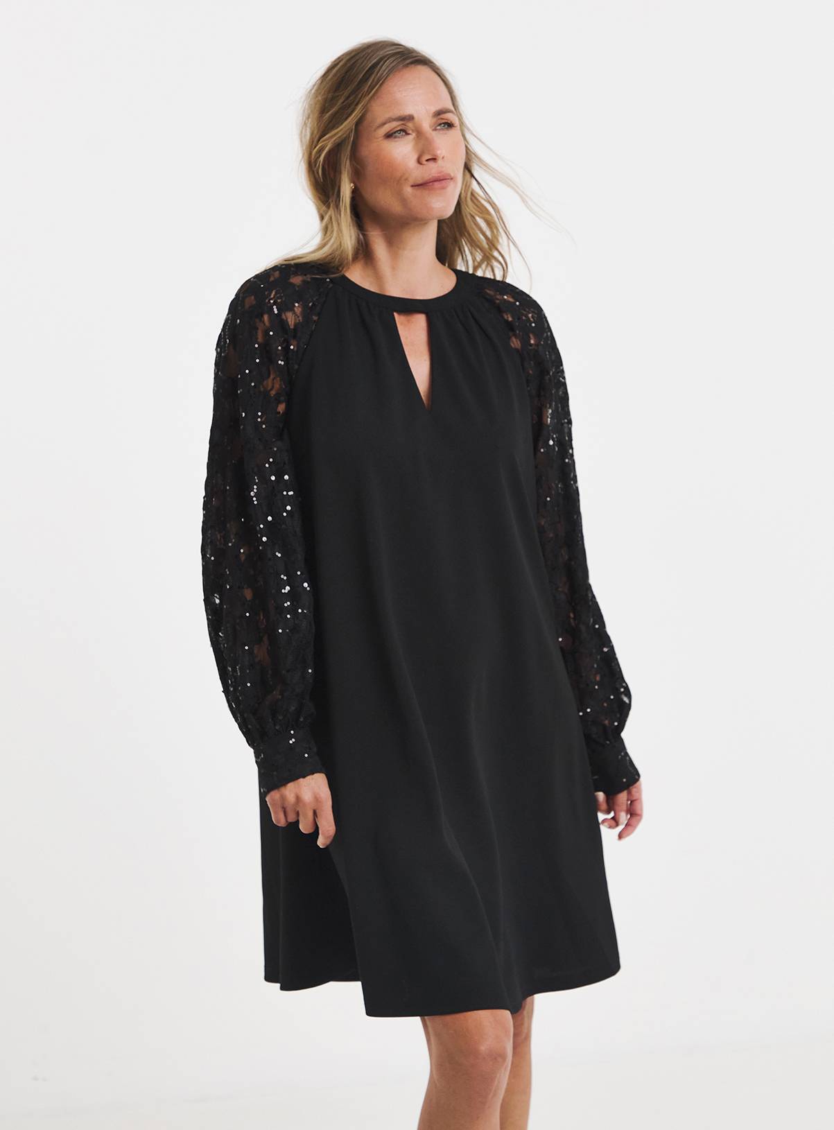 JD WILLIAMS Black Sequin Lace Sleeve Shift Dress 8 - Image 1