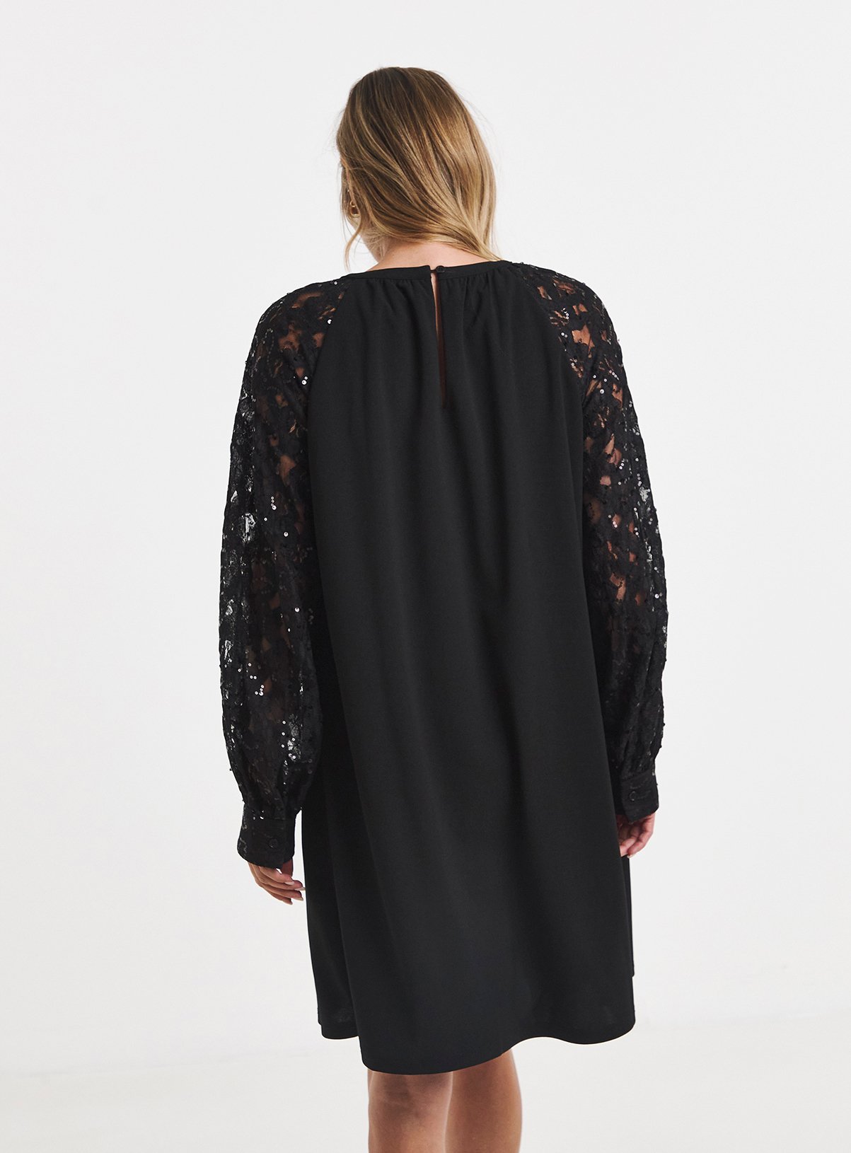 JD WILLIAMS Black Sequin Lace Sleeve Shift Dress 8 - Image 2 thumbnail