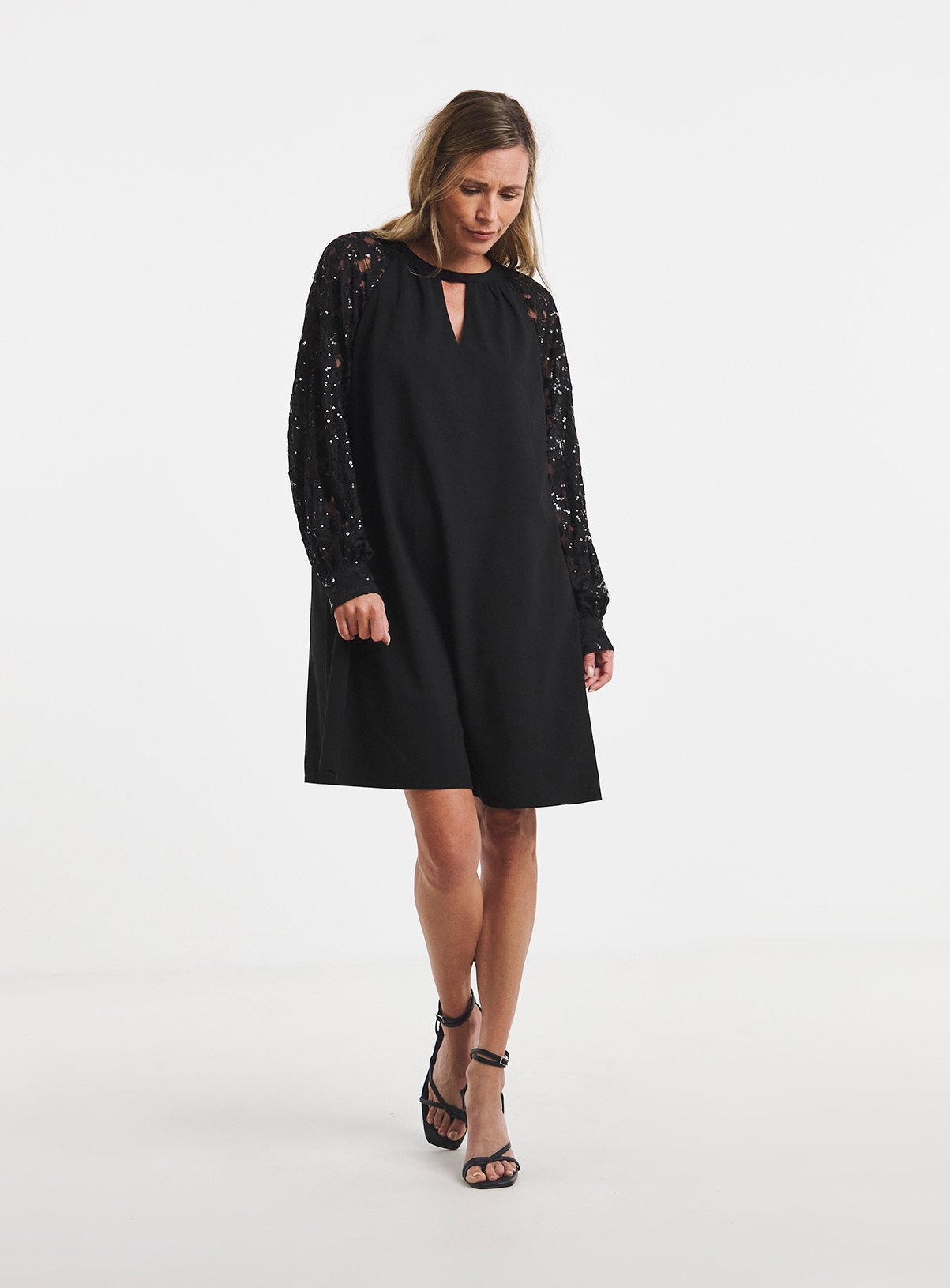 JD WILLIAMS Black Sequin Lace Sleeve Shift Dress 8 - Image 3 thumbnail