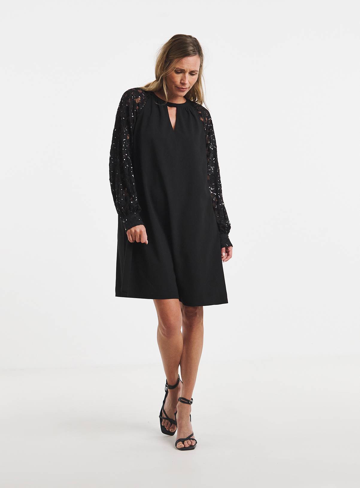 JD WILLIAMS Black Sequin Lace Sleeve Shift Dress 8 - Image 3