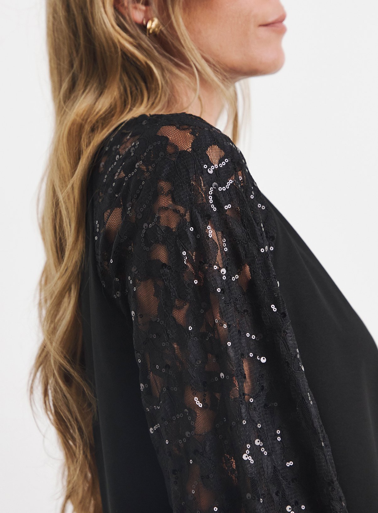 JD WILLIAMS Black Sequin Lace Sleeve Shift Dress 8 - Image 4 thumbnail