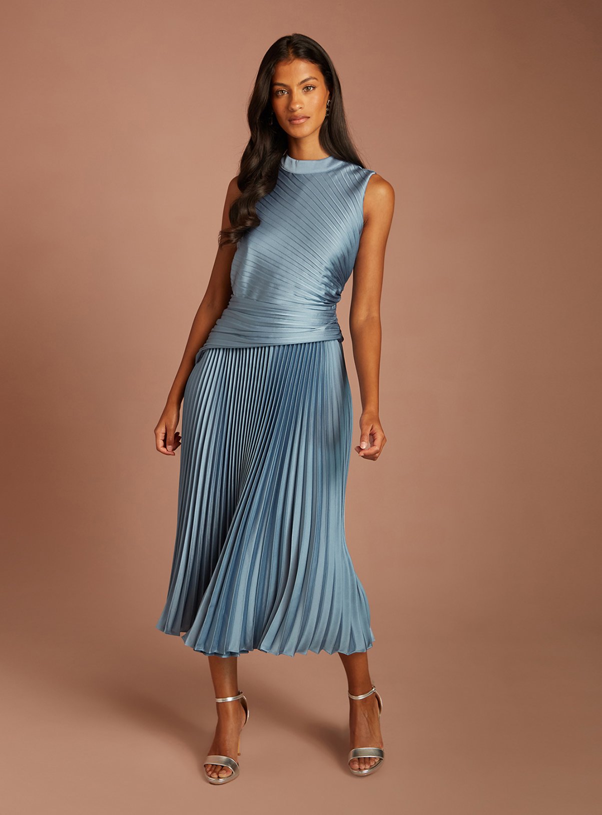 COAST Pleated Detail Bodice and Skirt Sleeveless Midi Dress 14 - Image 1 thumbnail