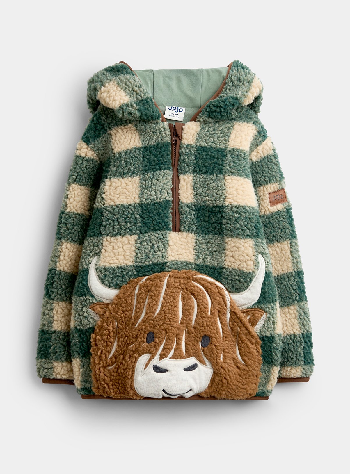 JOJO MAMAN BÉBÉ Highland Cow Applique Half Zip Teddy Borg Jacket Green 2-3 Years - Image 2 thumbnail