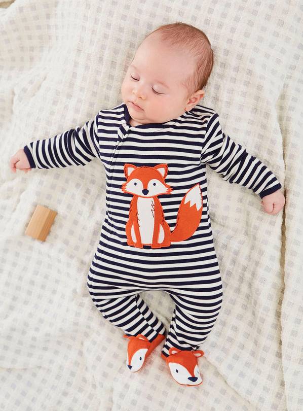 JOJO MAMAN BÉBÉ Fox Applique Zip Sleepsuit Navy Ecru Stripe 3-6 months
