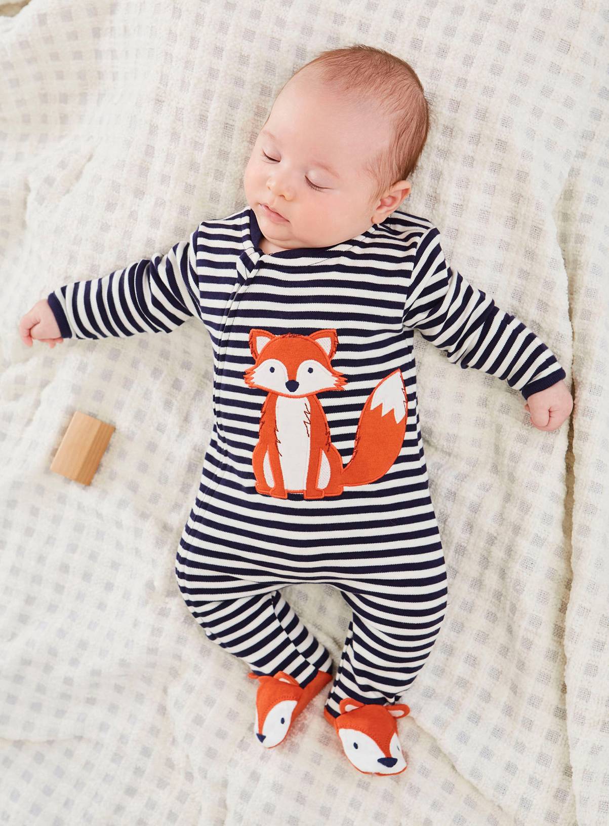 JOJO MAMAN BÉBÉ Fox Applique Zip Sleepsuit Navy Ecru Stripe Newborn - Image 1