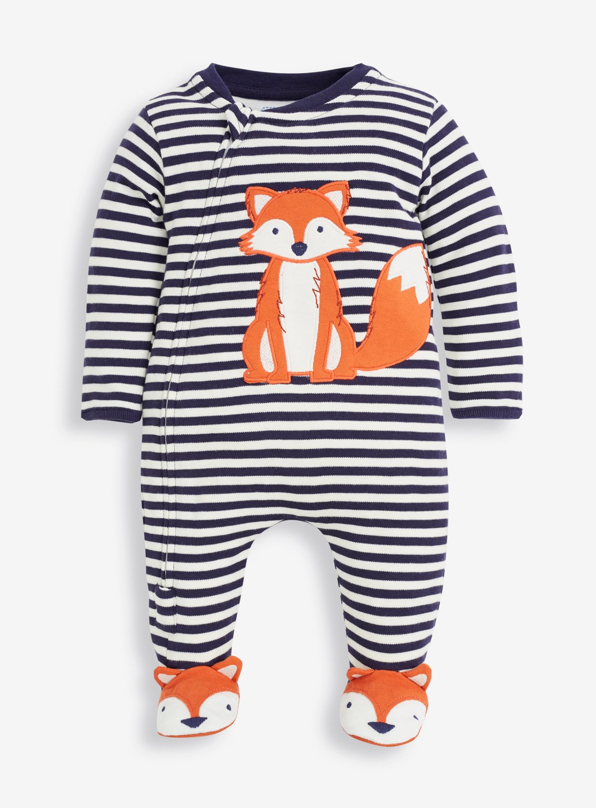 JOJO MAMAN BÉBÉ Fox Applique Zip Sleepsuit Navy Ecru Stripe Newborn - Image 2 thumbnail