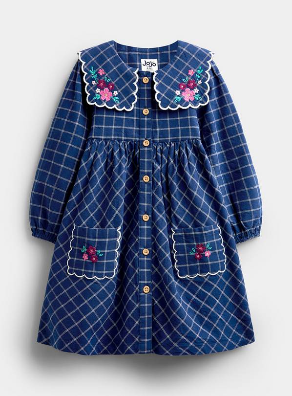 JOJO MAMAN BÉBÉ Floral Embroidered Check Collar Dress Navy Blue 12-18 months