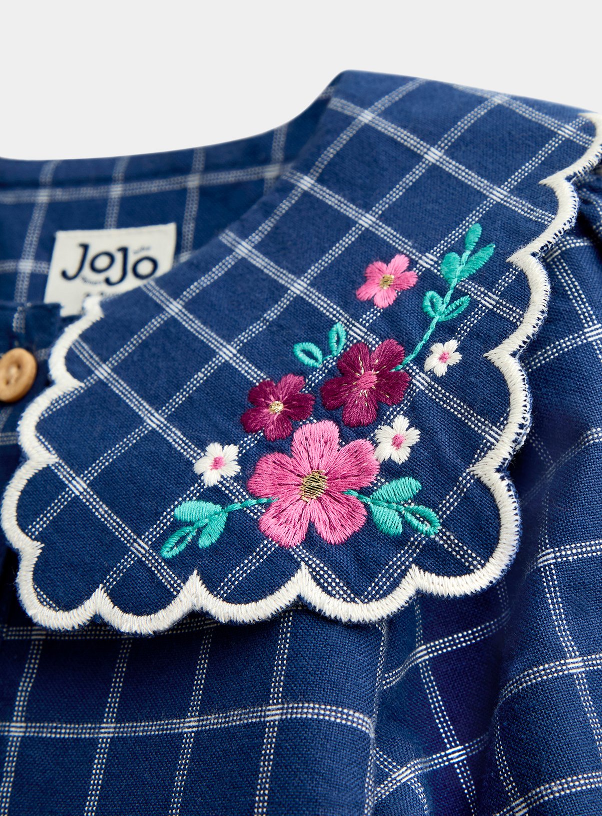 JOJO MAMAN BÉBÉ Floral Embroidered Check Collar Dress Navy Blue 18-24 months - Image 3 thumbnail