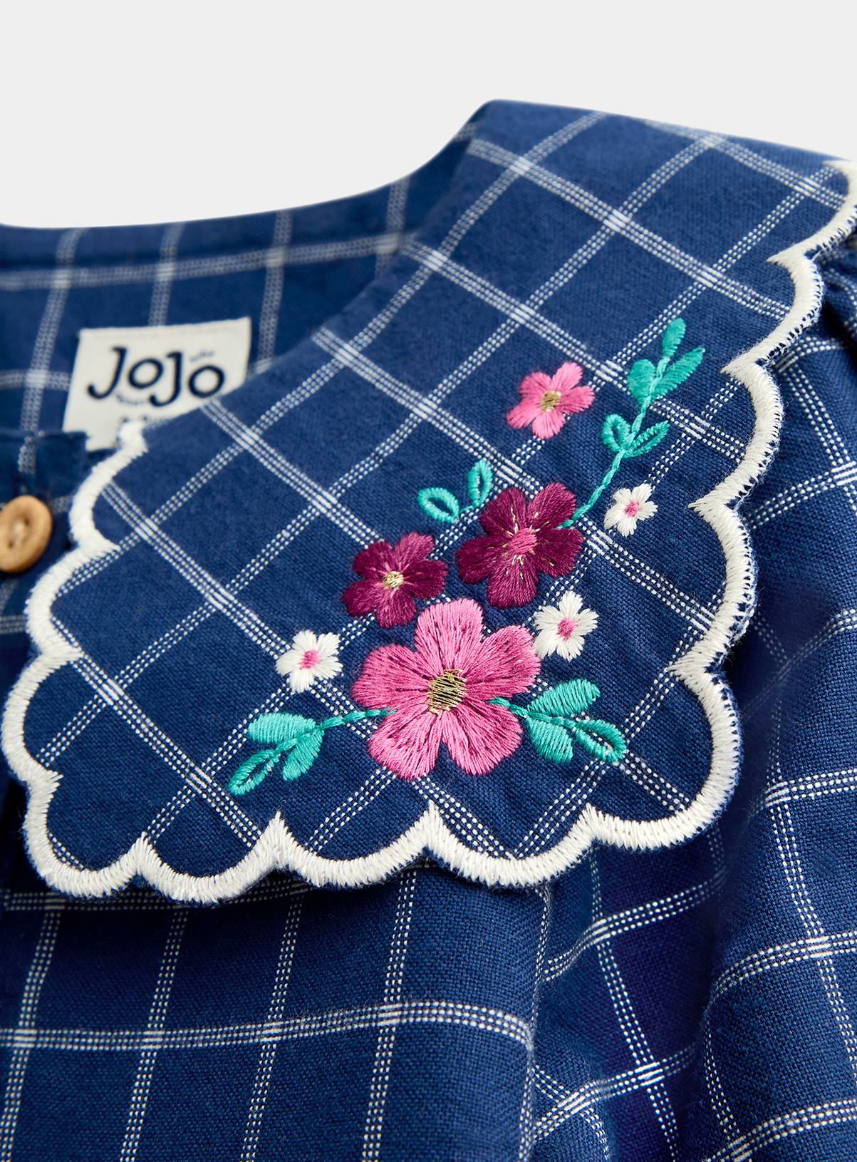 JOJO MAMAN BÉBÉ Floral Embroidered Check Collar Dress Navy Blue 18-24 months - Image 3