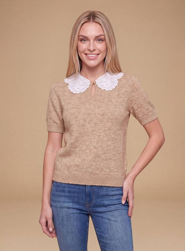 DOROTHY PERKINS Broderie Woven Collar Detail Crop Knitted Top L