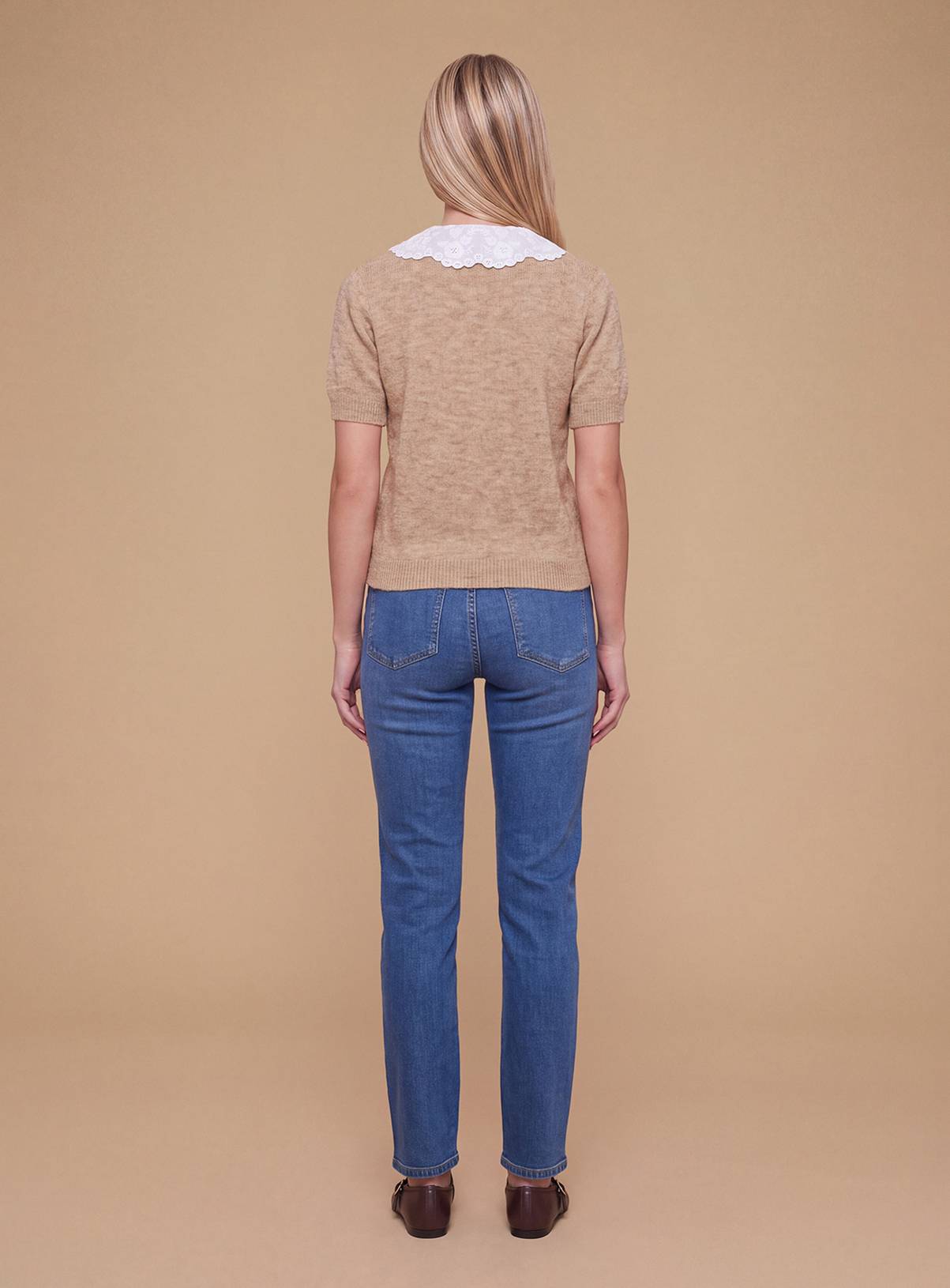 DOROTHY PERKINS Broderie Woven Collar Detail Crop Knitted Top L - Image 2
