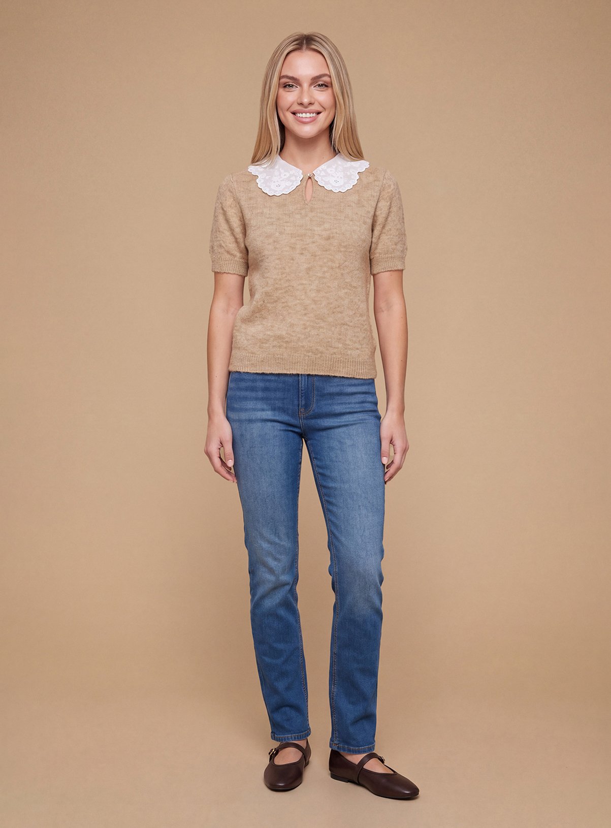 DOROTHY PERKINS Broderie Woven Collar Detail Crop Knitted Top L - Image 3 thumbnail