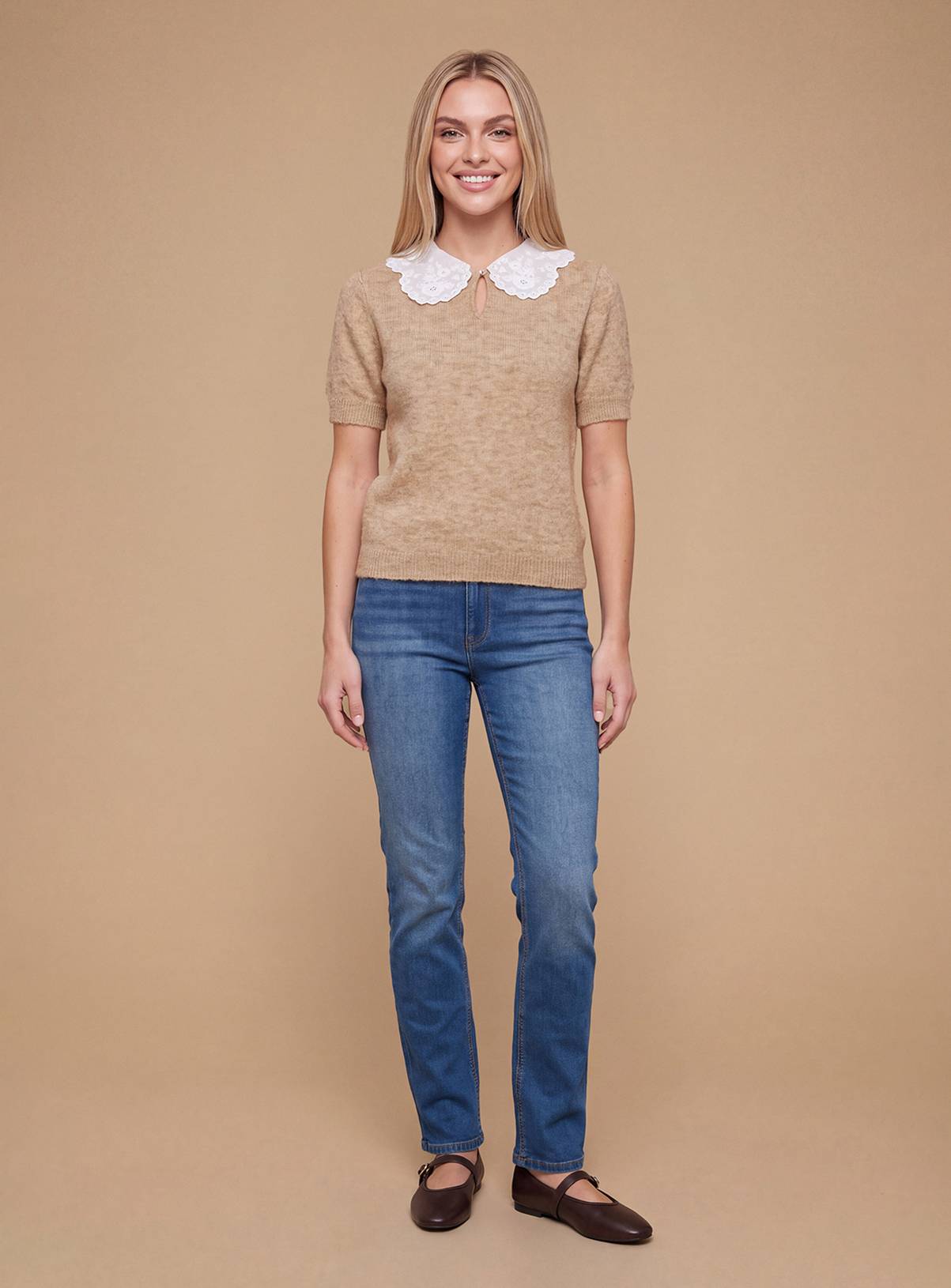 DOROTHY PERKINS Broderie Woven Collar Detail Crop Knitted Top L - Image 3