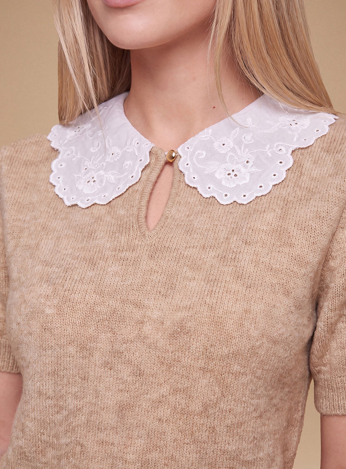 DOROTHY PERKINS Broderie Woven Collar Detail Crop Knitted Top L - Image 4 thumbnail