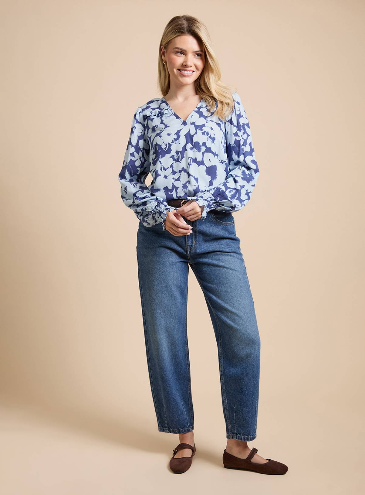 DOROTHY PERKINS Blue Floral Frill Shoulder Shirred Cuff Top 18 - Image 2