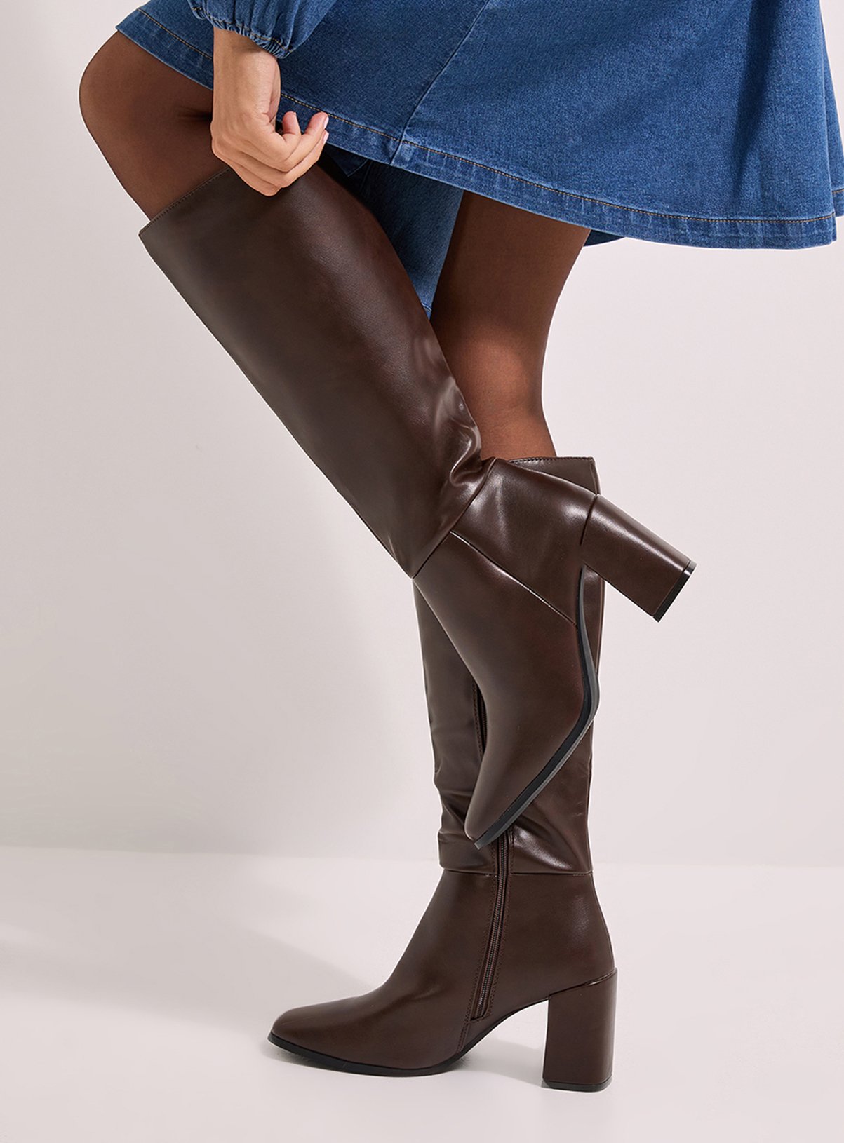 DOROTHY PERKINS Kristen Faux Leather Square Toe High Heel Knee Boots Brown 5 - Image 2 thumbnail