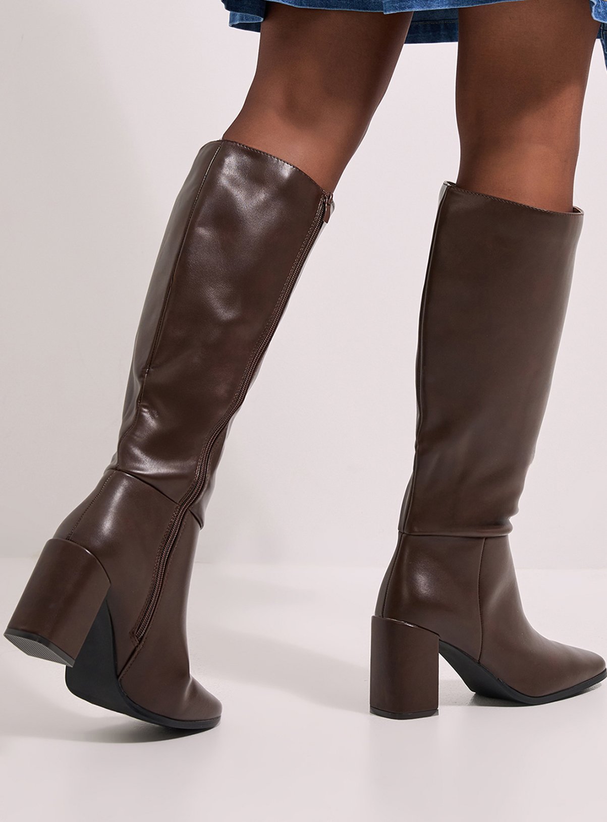 DOROTHY PERKINS Kristen Faux Leather Square Toe High Heel Knee Boots Brown 5 - Image 3 thumbnail