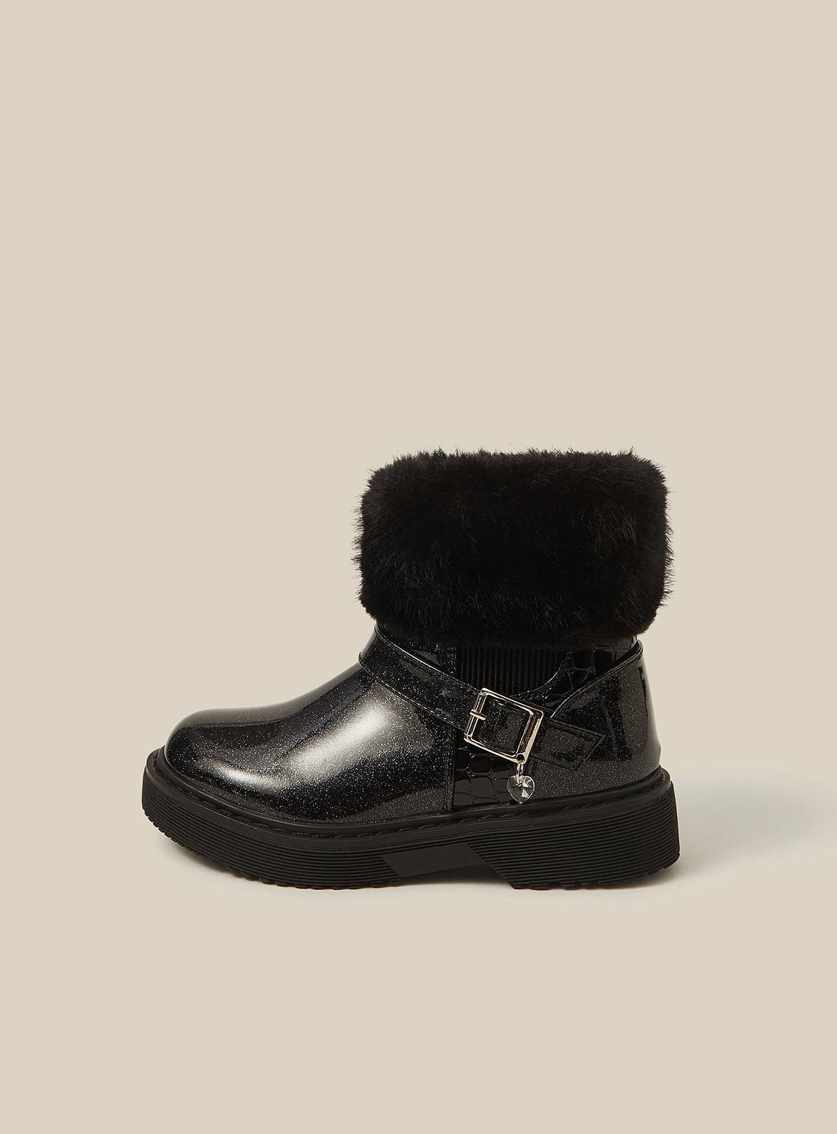 MONSOON Faux Fur Glitter Patent Boots 10 Infant - Image 2