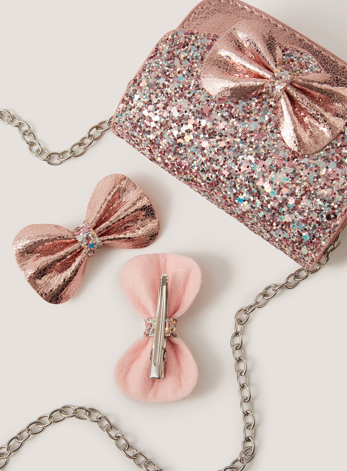 MONSOON Glitter Bow Bag and Hair Clips Set One Size - Image 3 thumbnail