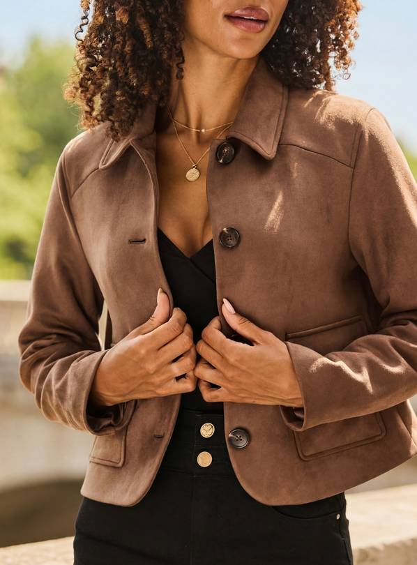 SOSANDAR Taupe Faux Suede Button Front Jacket 20