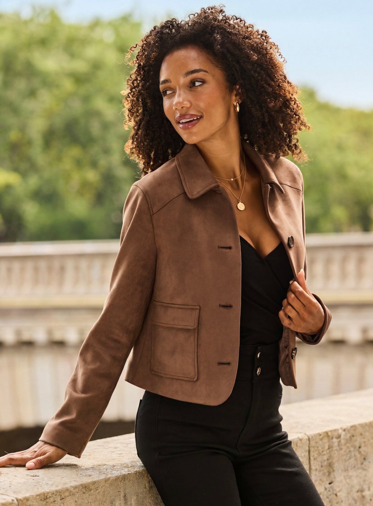 SOSANDAR Taupe Faux Suede Button Front Jacket 14 - Image 3 thumbnail