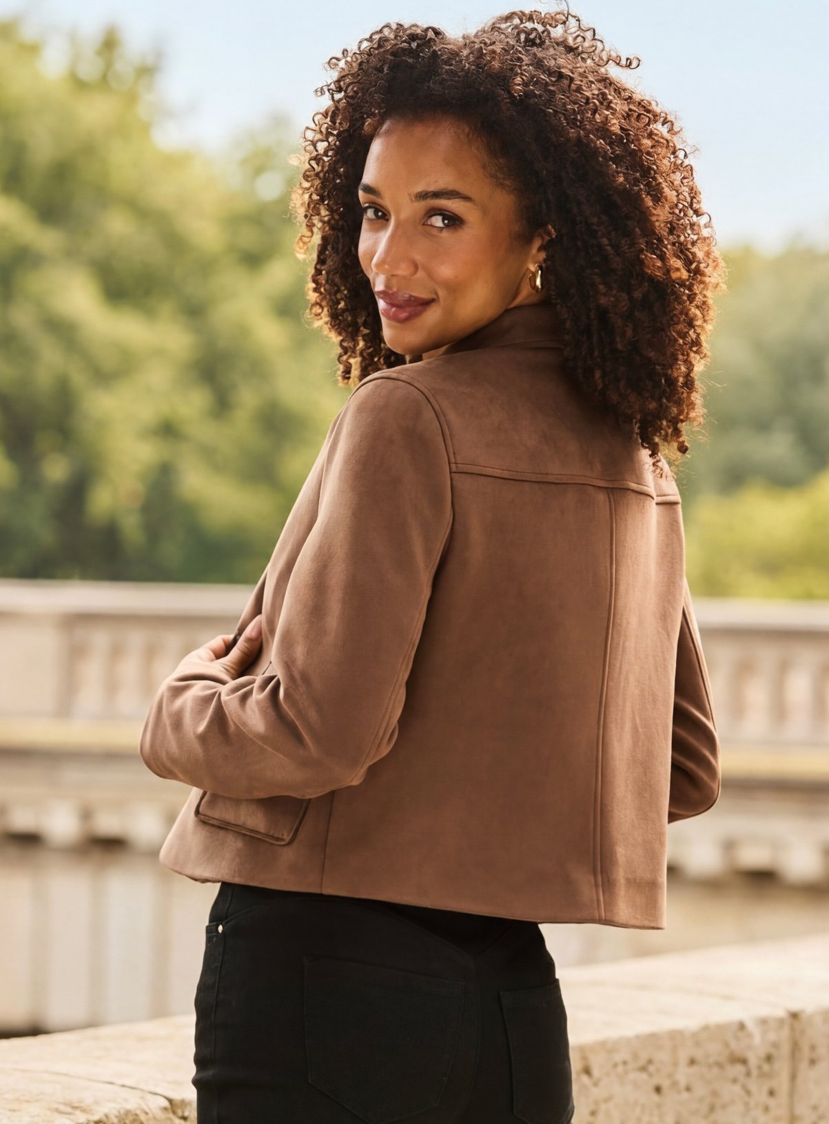 SOSANDAR Taupe Faux Suede Button Front Jacket 14 - Image 4 thumbnail
