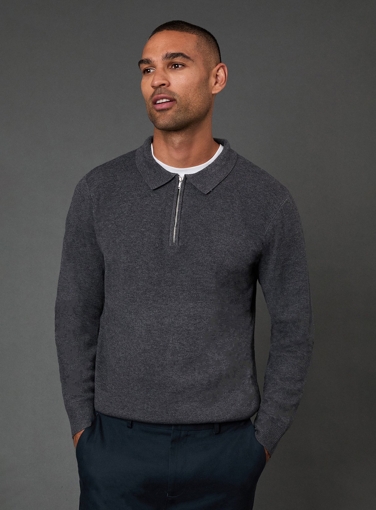 BURTON Charcoal Knitted Long Sleeve Zip Neck Polo Shirt S - Image 1 thumbnail
