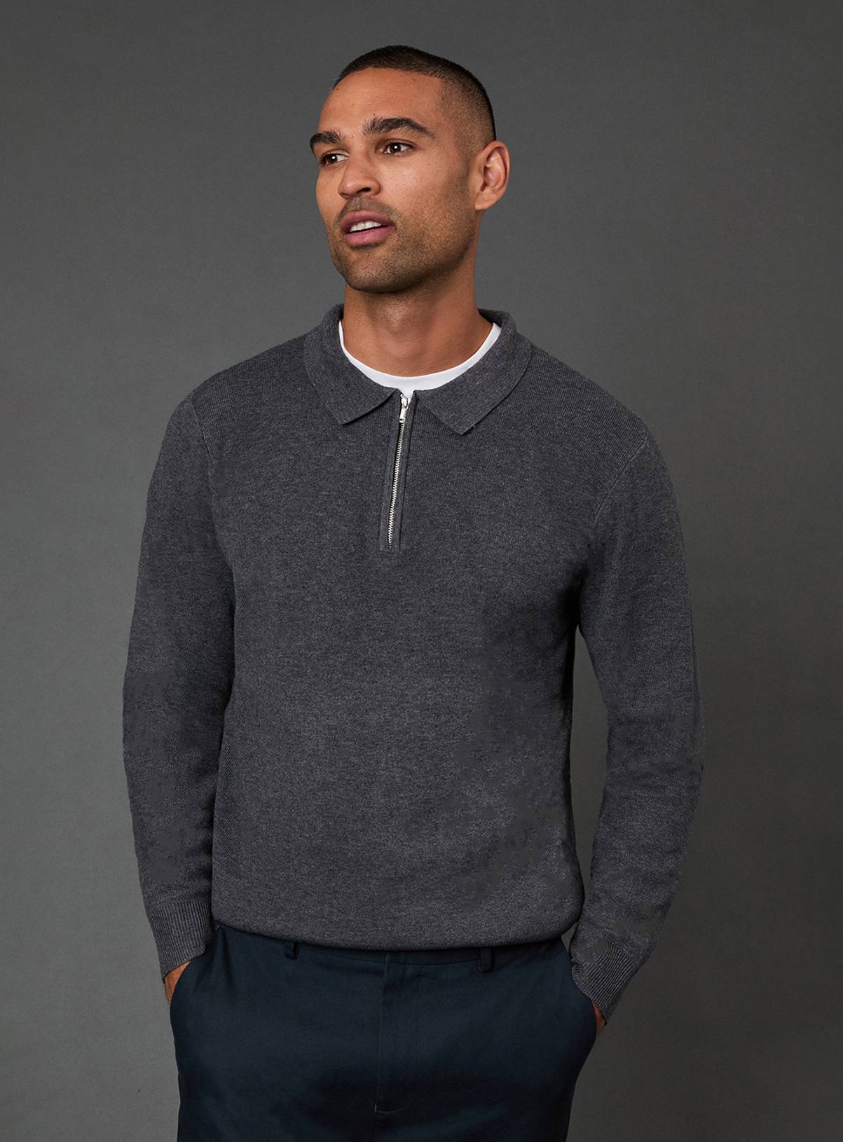 BURTON Charcoal Knitted Long Sleeve Zip Neck Polo Shirt S - Image 1