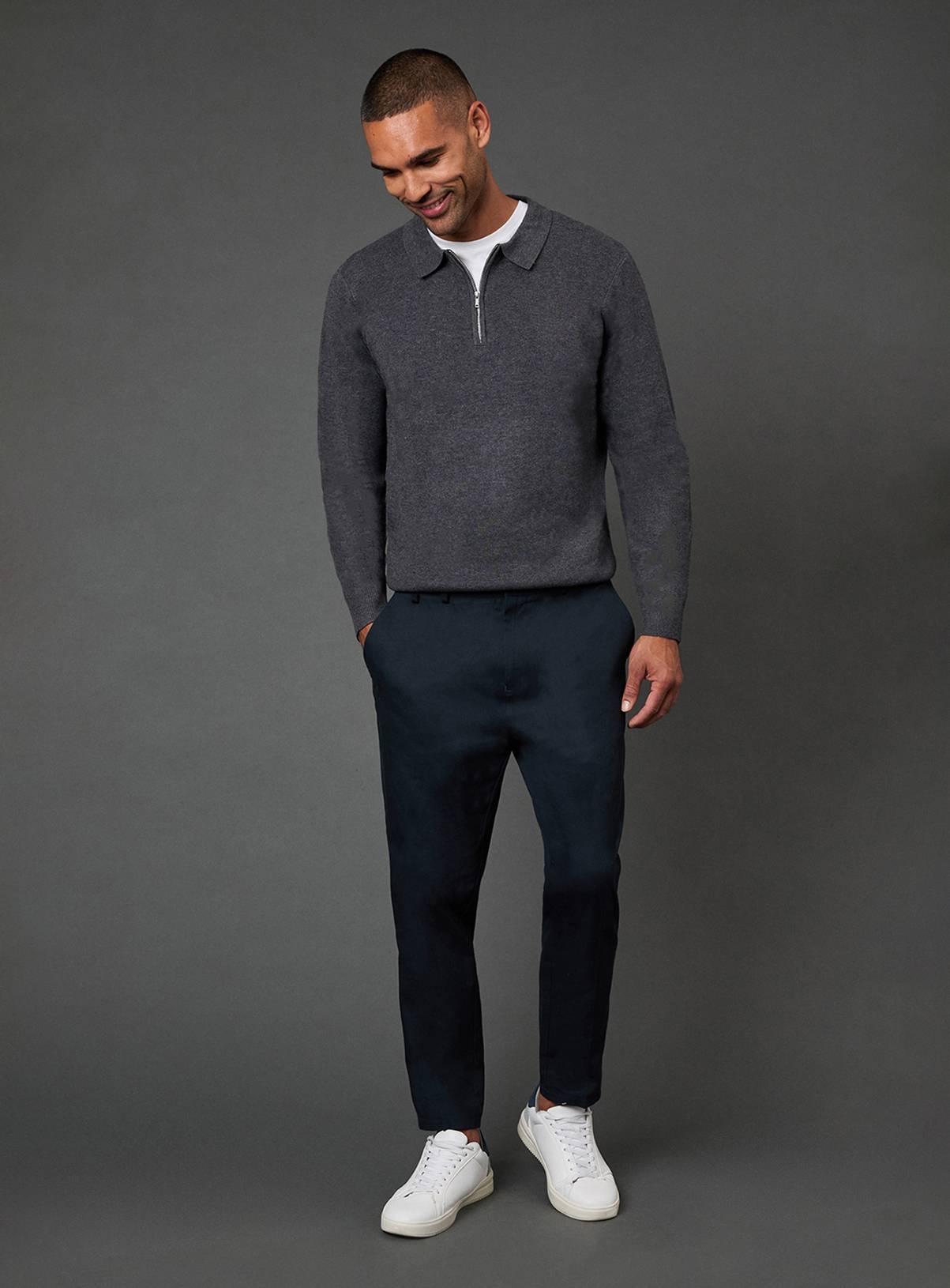 BURTON Charcoal Knitted Long Sleeve Zip Neck Polo Shirt S - Image 2